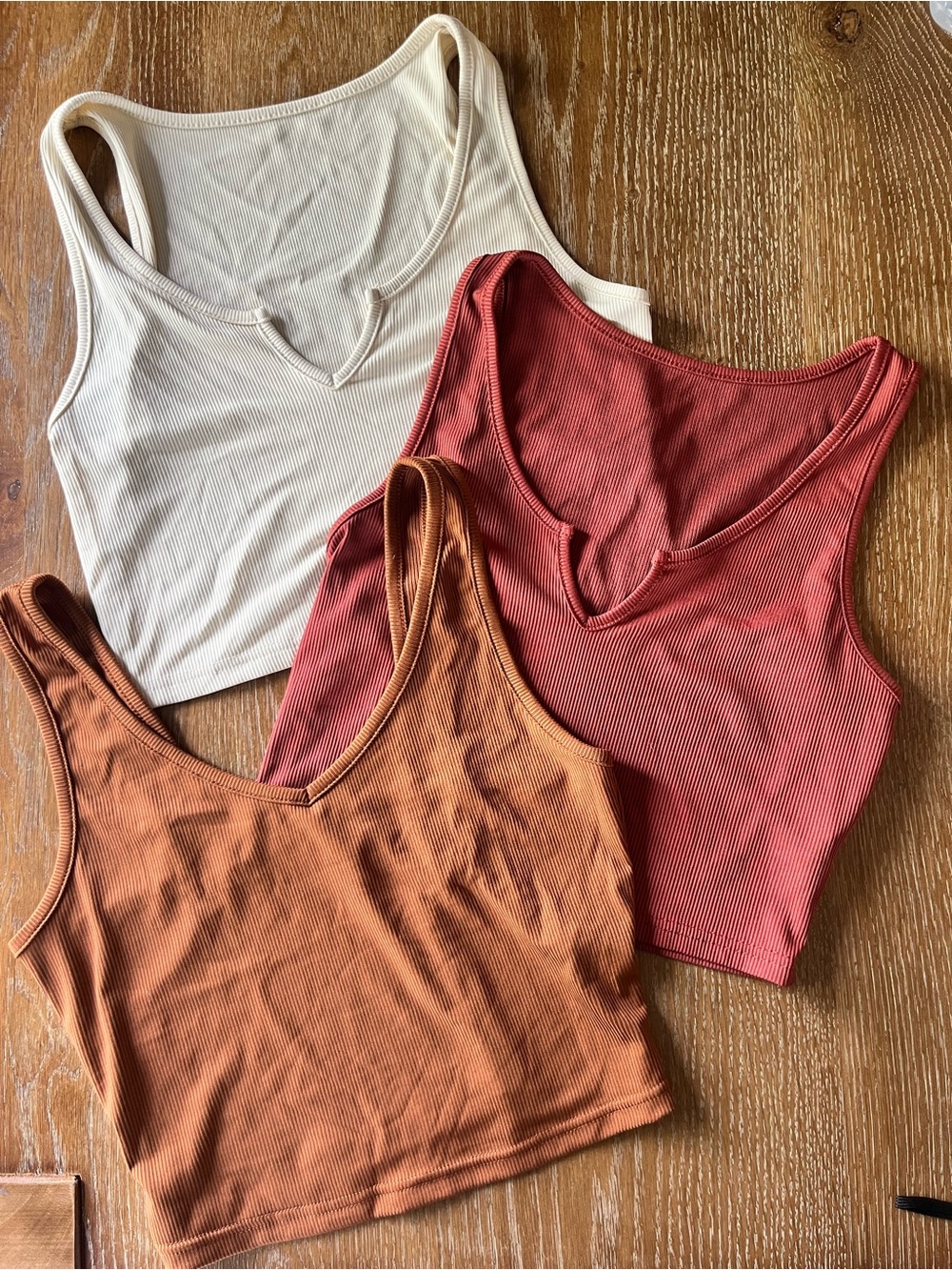 Ribbed V-Neck Cropped Tank Tops — Cream, Rust & Brick Red